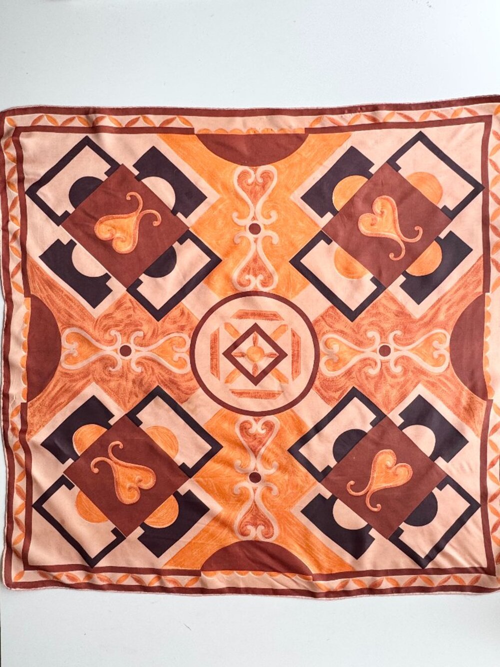 Vintage RHODIA Brown Heart Print Acetate Satin Twill 31" x 29" Square Scarf  Bli